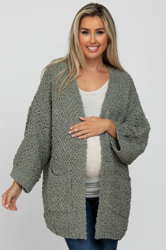 Olive Soft Popcorn Knit Maternity Cardigan Solid Color Striped Floral Print