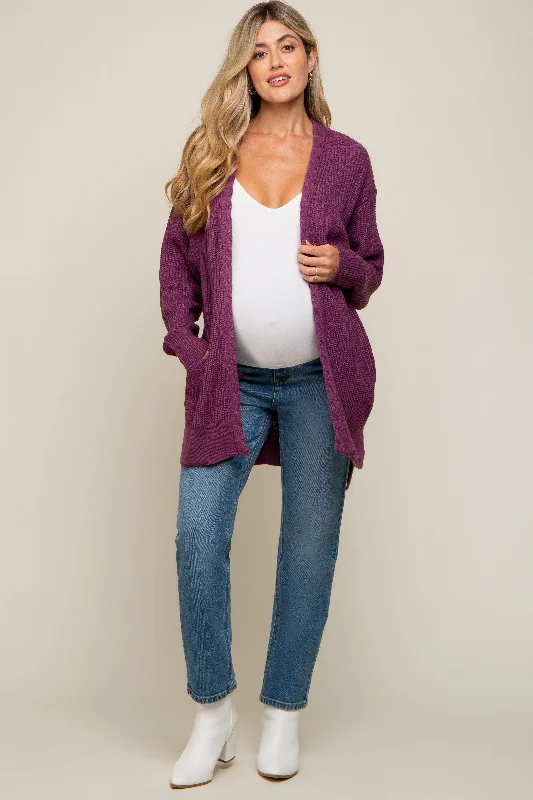 Plum Cable Knit Accent Maternity Cardigan Lace Blend Ribbed Blend Corduroy Blend